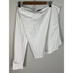 Halogen Poplin One Shoulder Top Long Sleeve Ruched White Shirt Size L Cotton